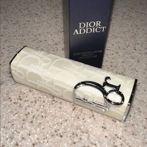 NWT Dior Addict White Canvas Patterned Lipstick Case with Silver Logo CD